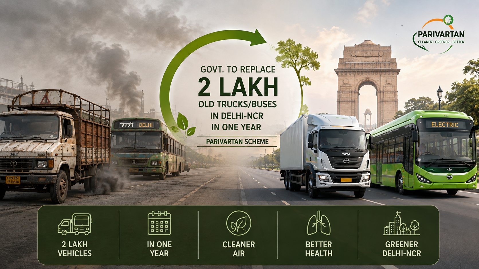 Govt. to replace 2 lakh old trucks/buses in Delhi-NCR in one year (PARIVARTAN scheme)